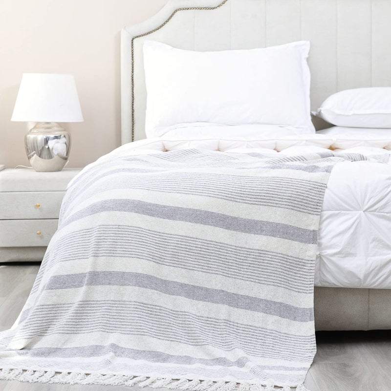 Snugtown Decorative Grey Ivory Striped Throw with Fringe, Soft Chenille Knitted Farmhouse Lightweight Blanket with Tassels for Couch Sofa Chair Bed Office Home DÃ©cor, Gray and Off White,50" x 60" - Image 2